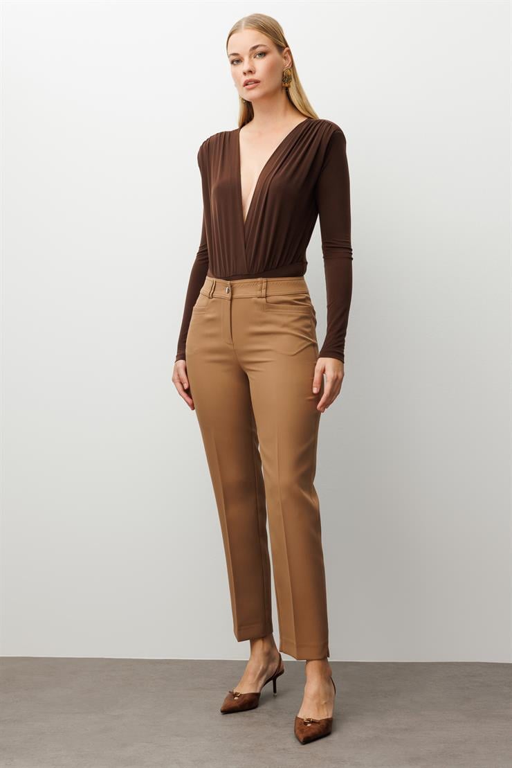 Modailgi  Köşe Cep Dar Paça Pantolon Vizon