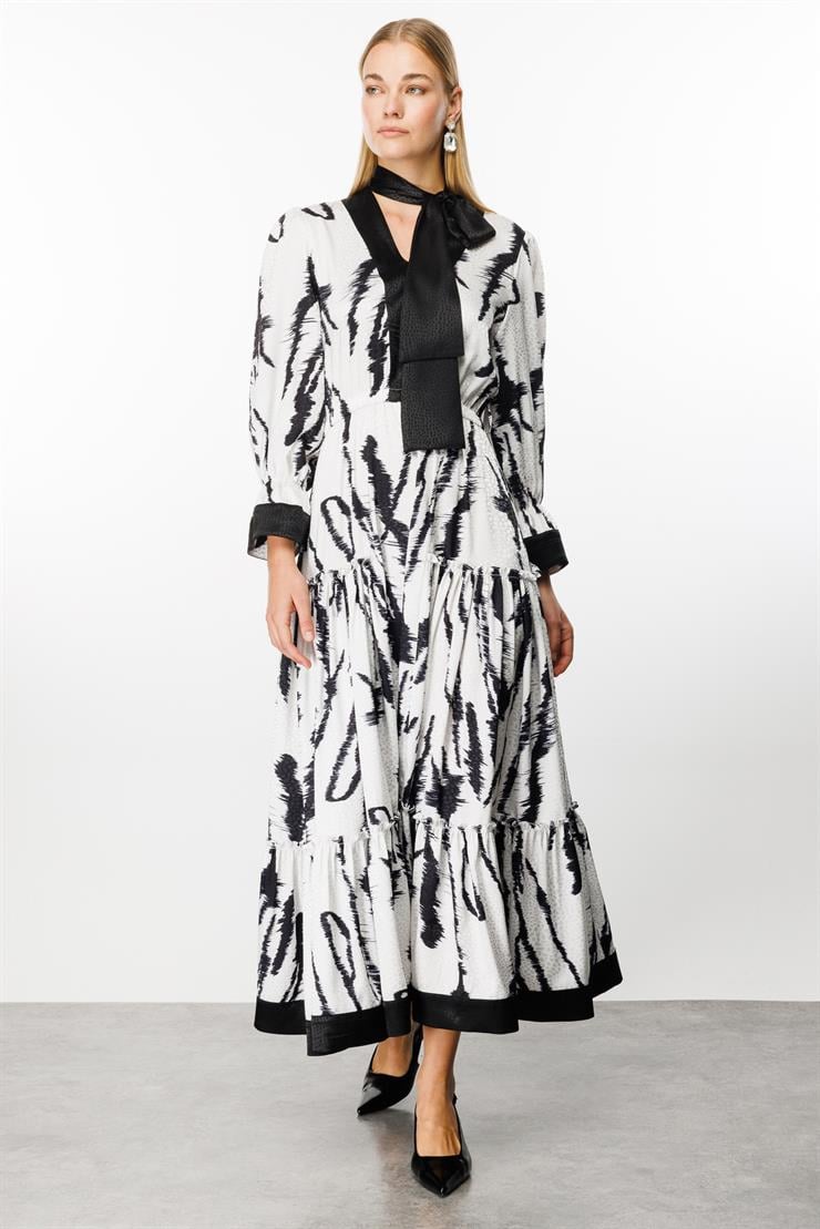 Modailgi  Kravat Detaylı Beli Lastikli Jakarlı Uzun Elbise Siyah