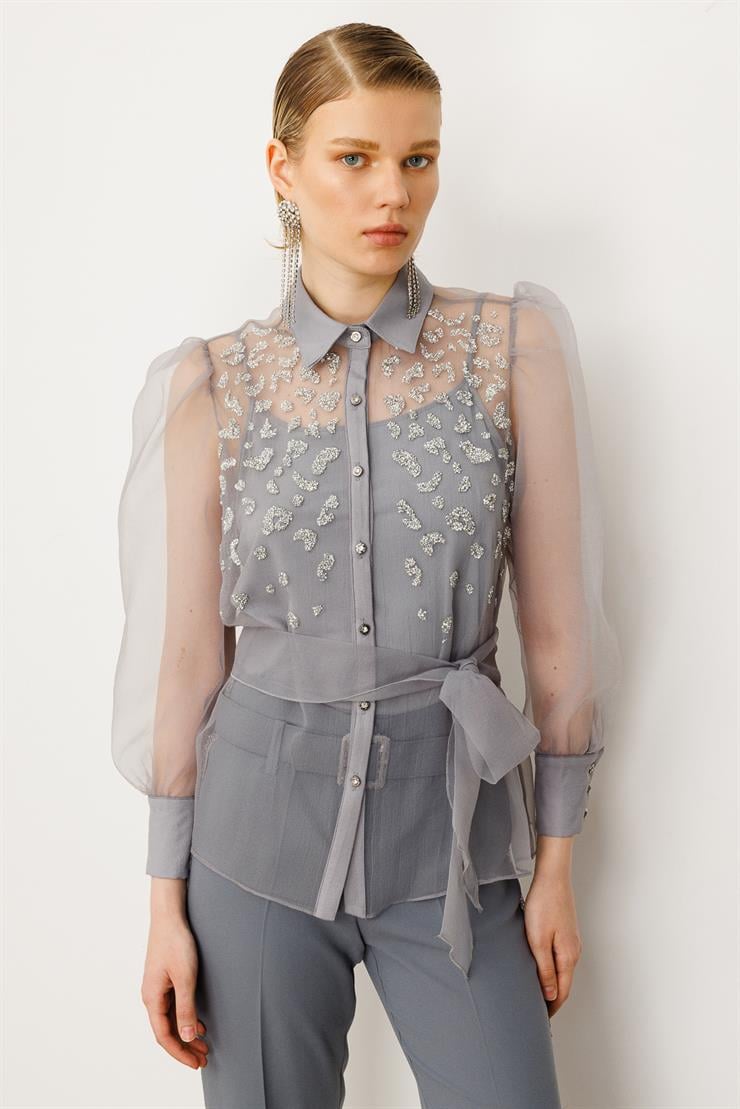 Modailgi  Kravat Detaylı Taşlı Organze Gömlek Gri