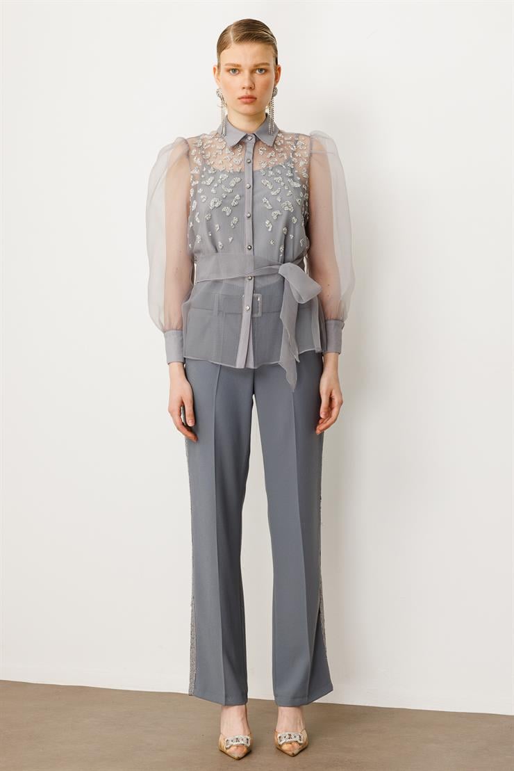 Modailgi  Kravat Detaylı Taşlı Organze Gömlek Gri