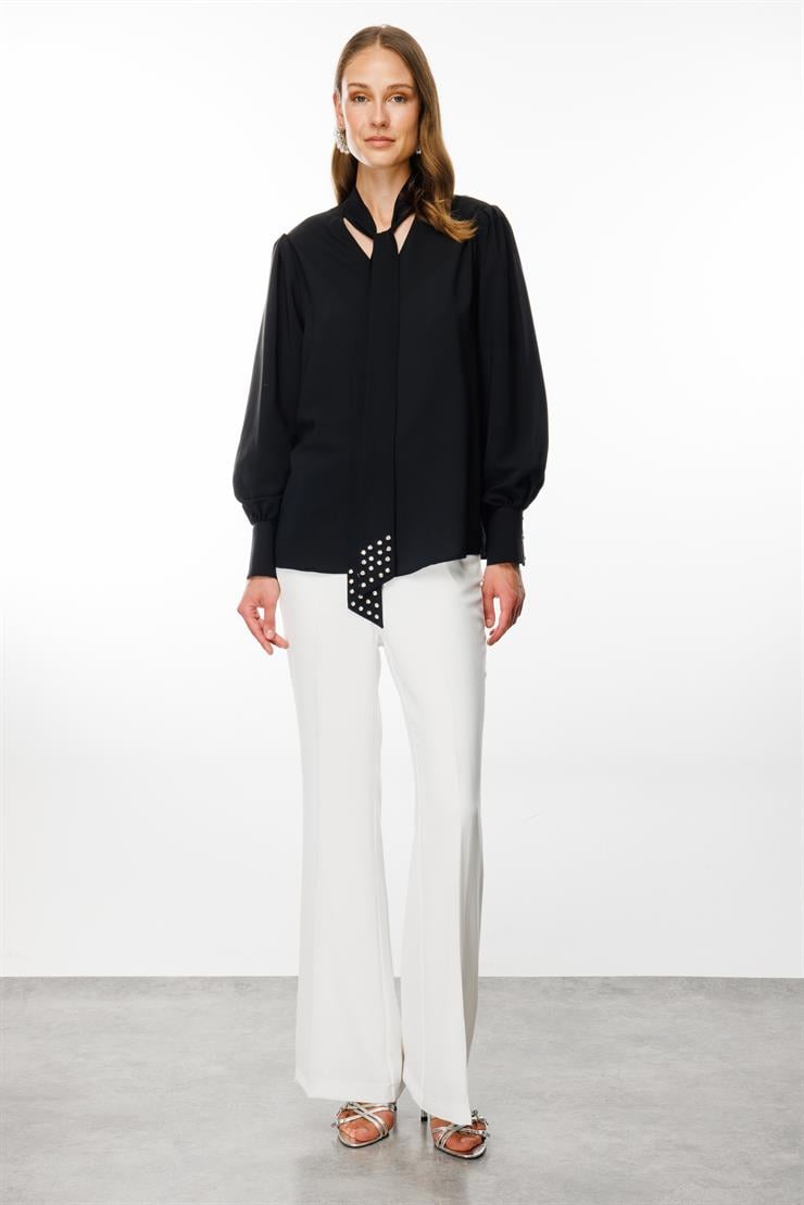 Modailgi  Kravat Yakalı İnci Detaylı Gömlek Siyah