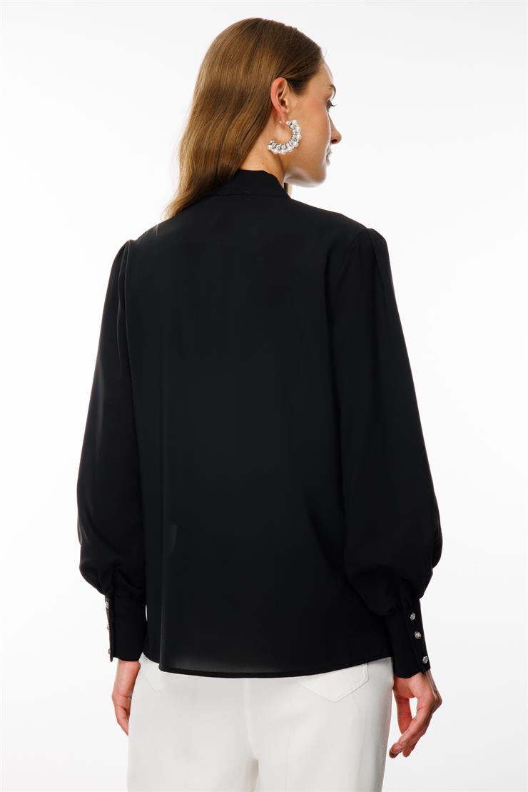 Modailgi  Kravat Yakalı İnci Detaylı Gömlek Siyah