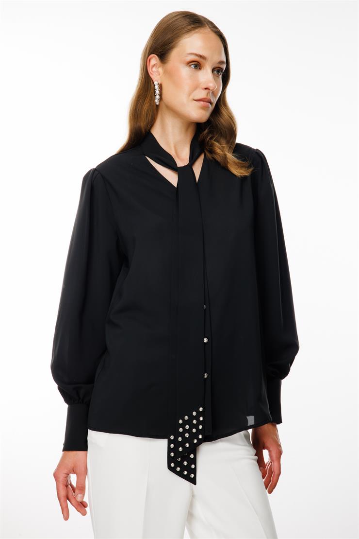 Modailgi  Kravat Yakalı İnci Detaylı Gömlek Siyah