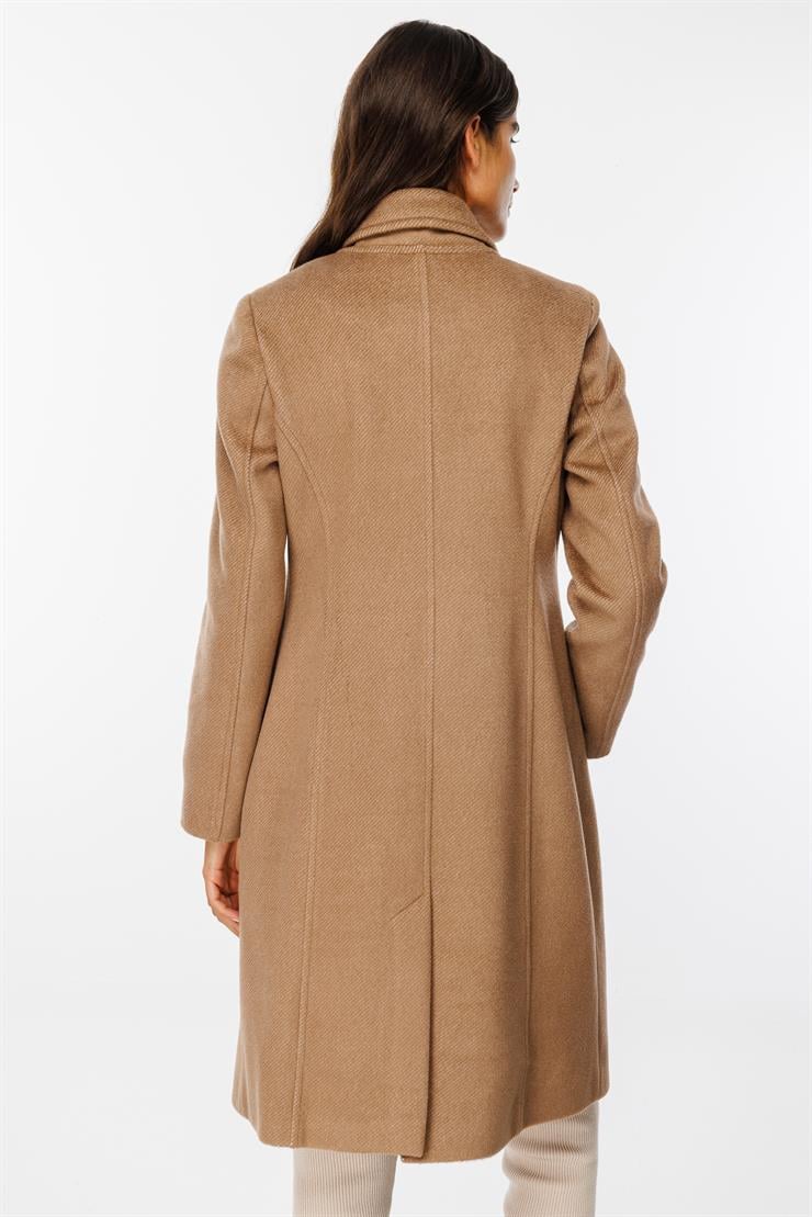 Modailgi  Kruvaze Diyagonal Çizgili Kaban Camel