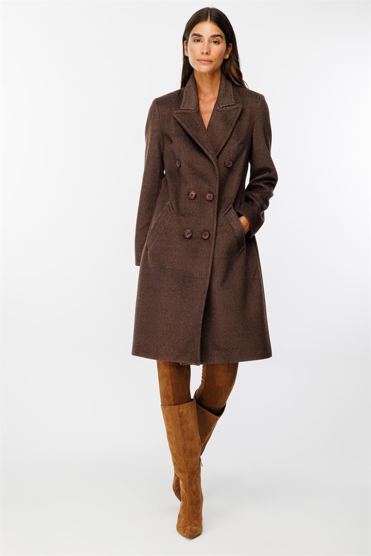 Modailgi  Kruvaze Diyagonal Çizgili Kaban Kahve