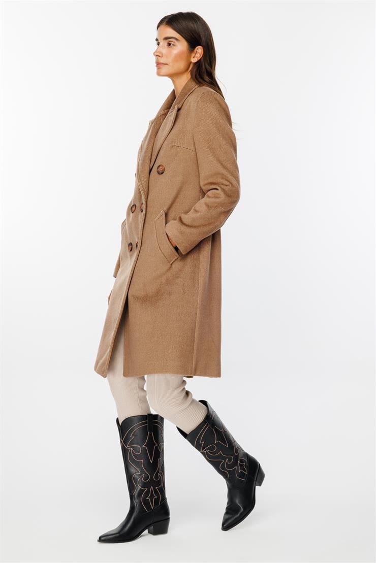 Modailgi  Kruvaze Diyagonal Çizgili Kaban Camel