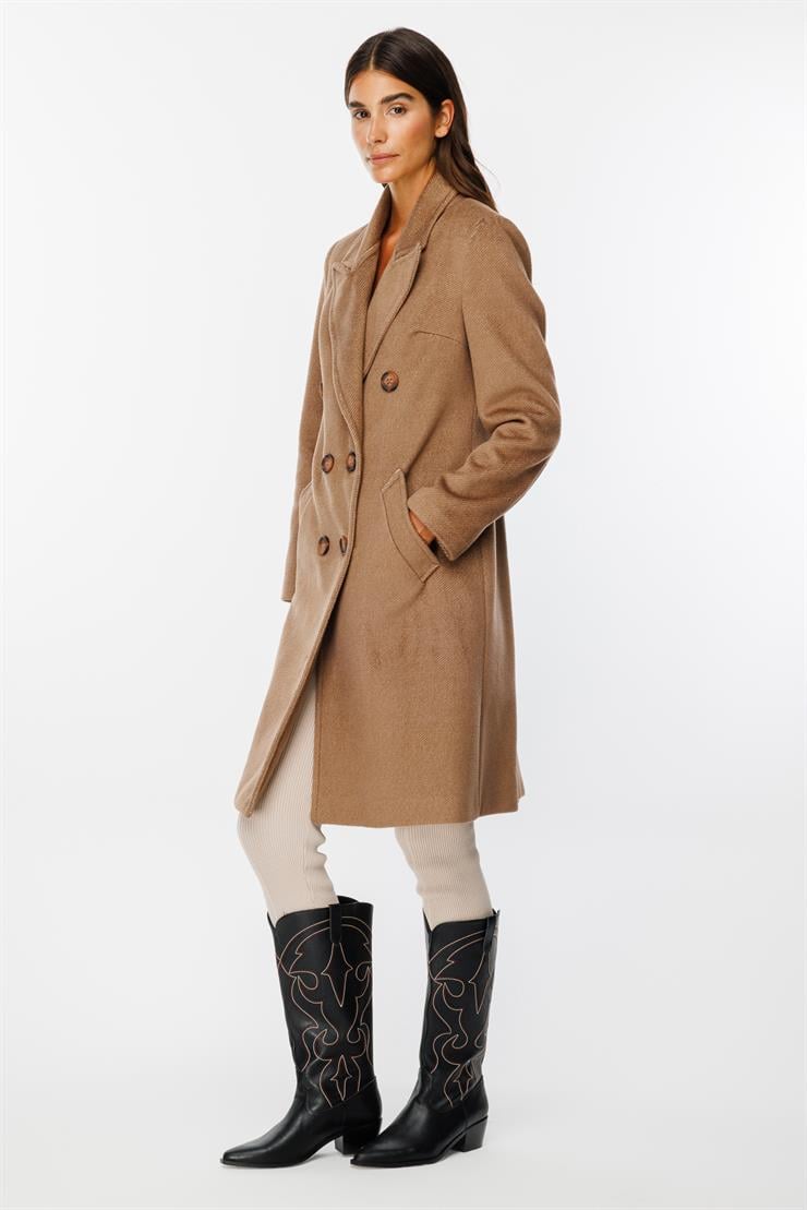 Modailgi  Kruvaze Diyagonal Çizgili Kaban Camel