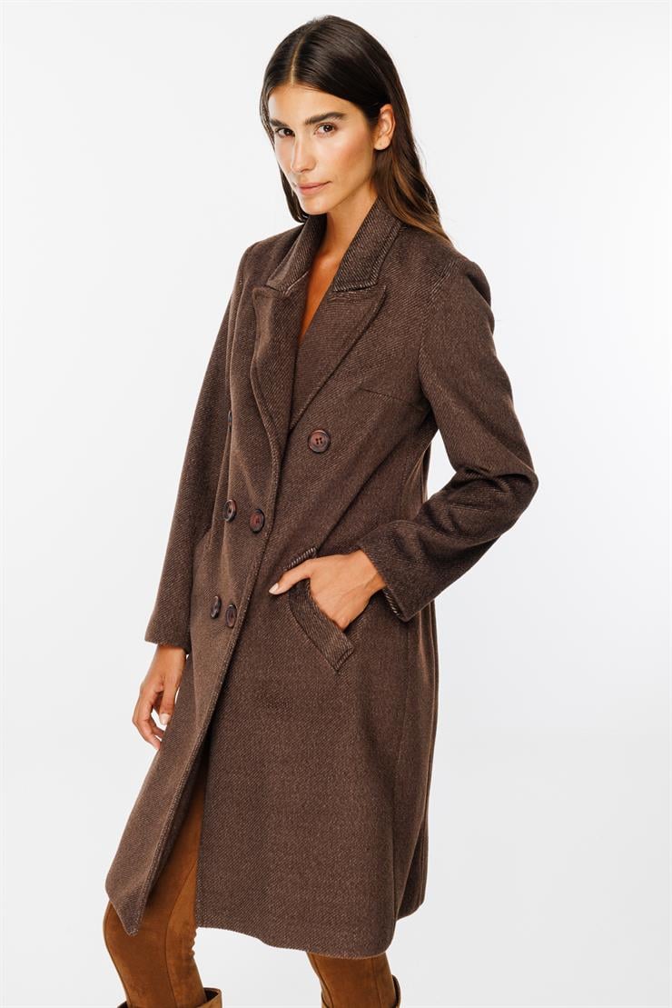 Modailgi  Kruvaze Diyagonal Çizgili Kaban Kahve