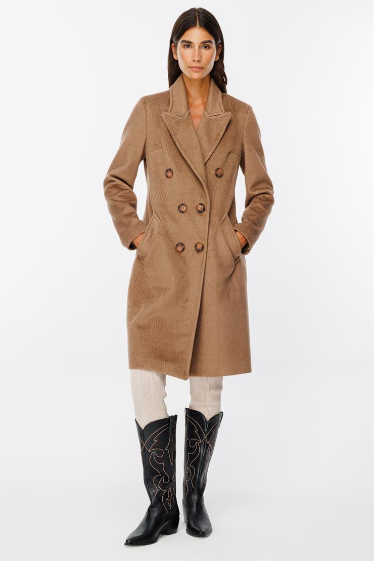 Modailgi  Kruvaze Diyagonal Çizgili Kaban Camel