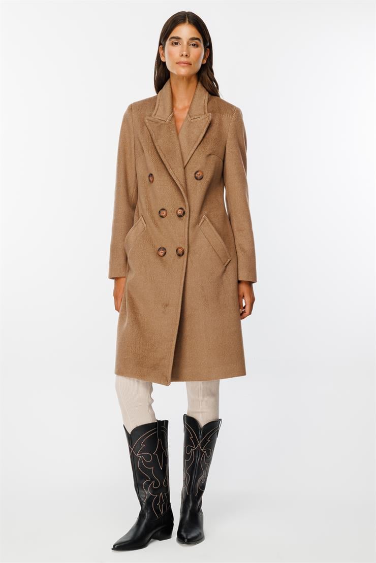 Modailgi  Kruvaze Diyagonal Çizgili Kaban Camel