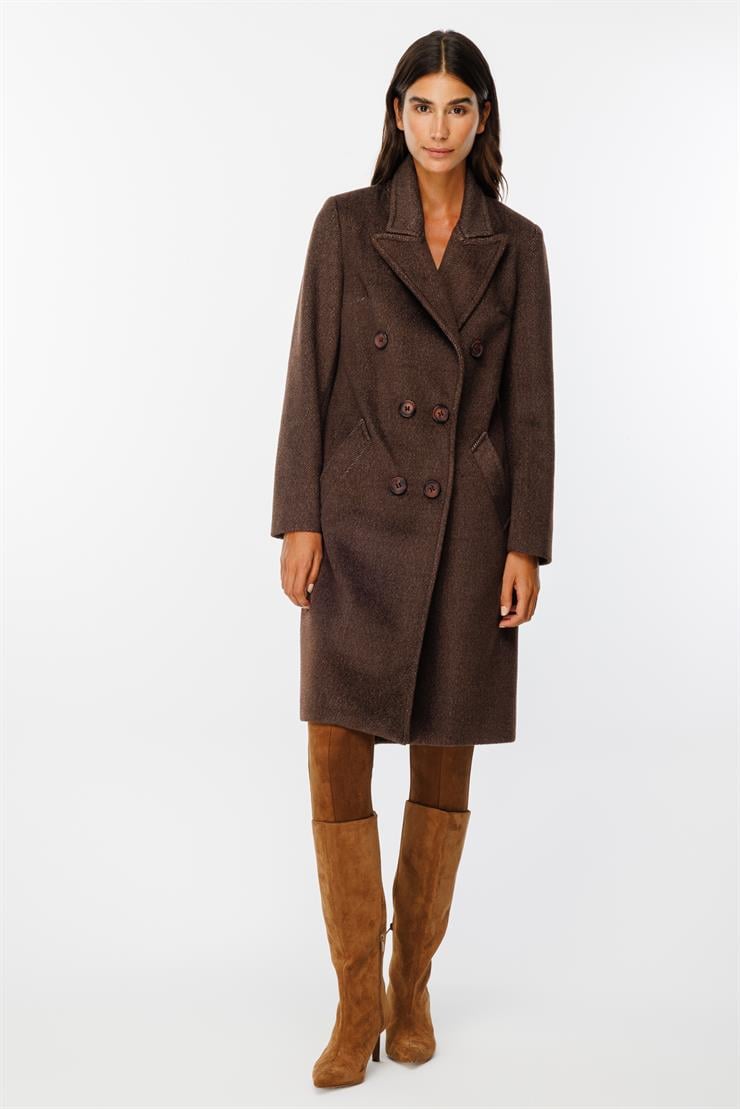 Modailgi  Kruvaze Diyagonal Çizgili Kaban Kahve