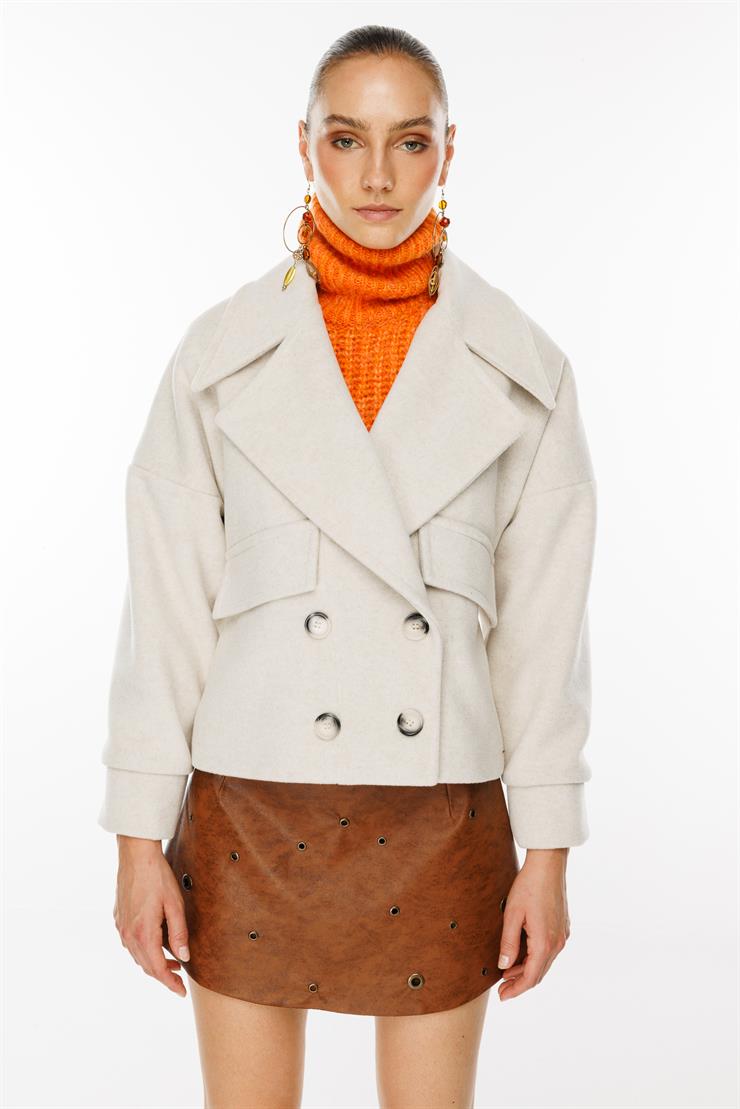 Modailgi  Kruvaze Dört Düğmeli Kısa Kaşe Kaban Kemik