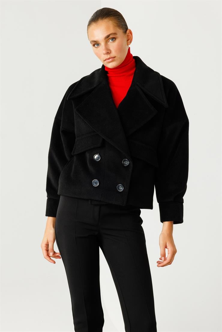 Modailgi  Kruvaze Dört Düğmeli Kısa Kaşe Kaban Siyah