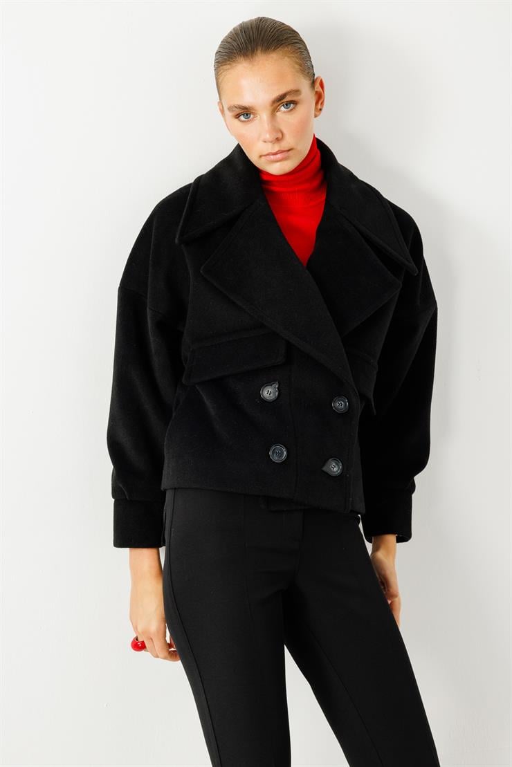 Modailgi  Kruvaze Dört Düğmeli Kısa Kaşe Kaban Siyah