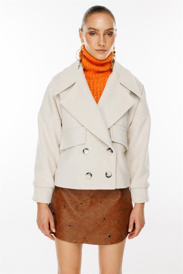 Modailgi  Kruvaze Dört Düğmeli Kısa Kaşe Kaban Kemik