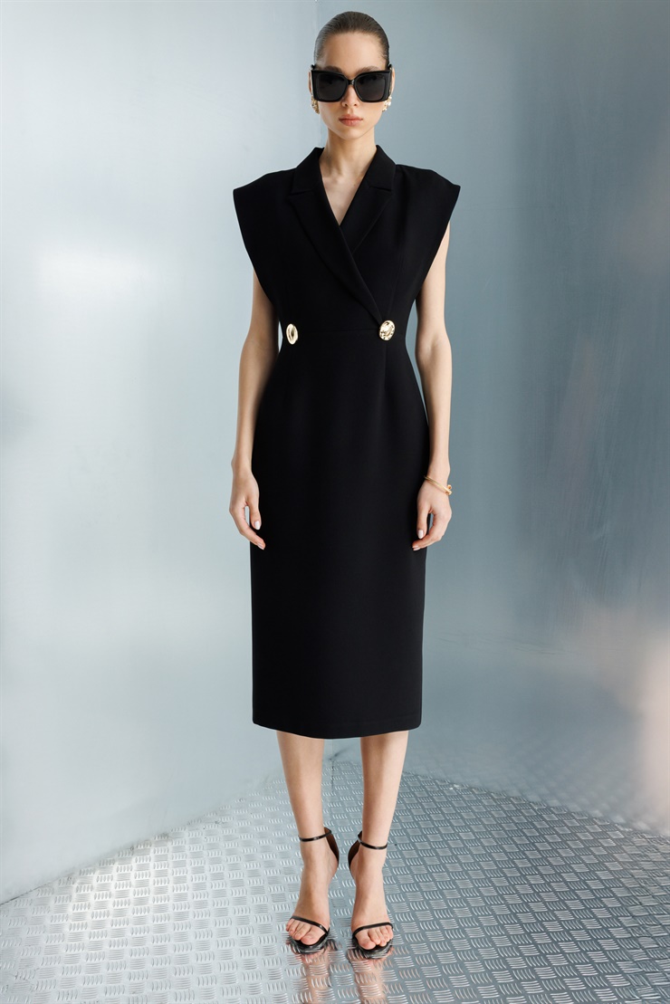 Modailgi  Kruvaze Düğme Detaylı Kolsuz Midi Boy Elbise Siyah