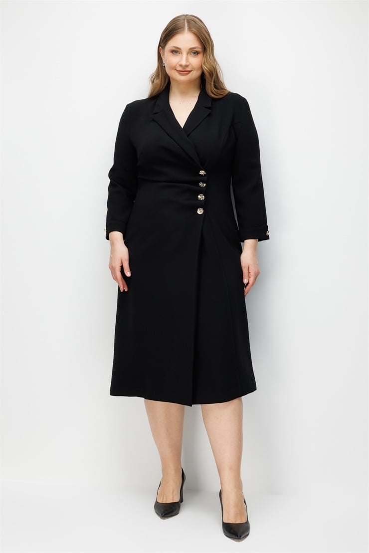 Modailgi  Kruvaze Kapama Düğme Detaylı Midi Boy Elbise Siyah