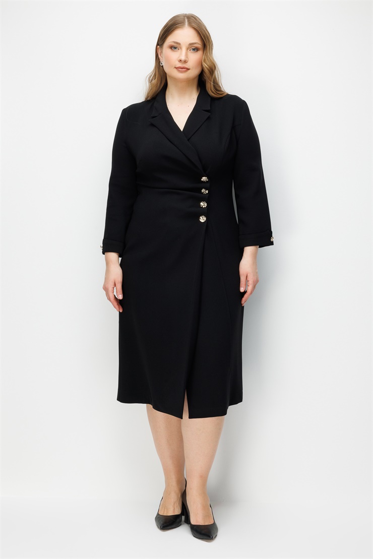 Modailgi  Kruvaze Kapama Düğme Detaylı Midi Boy Elbise Siyah
