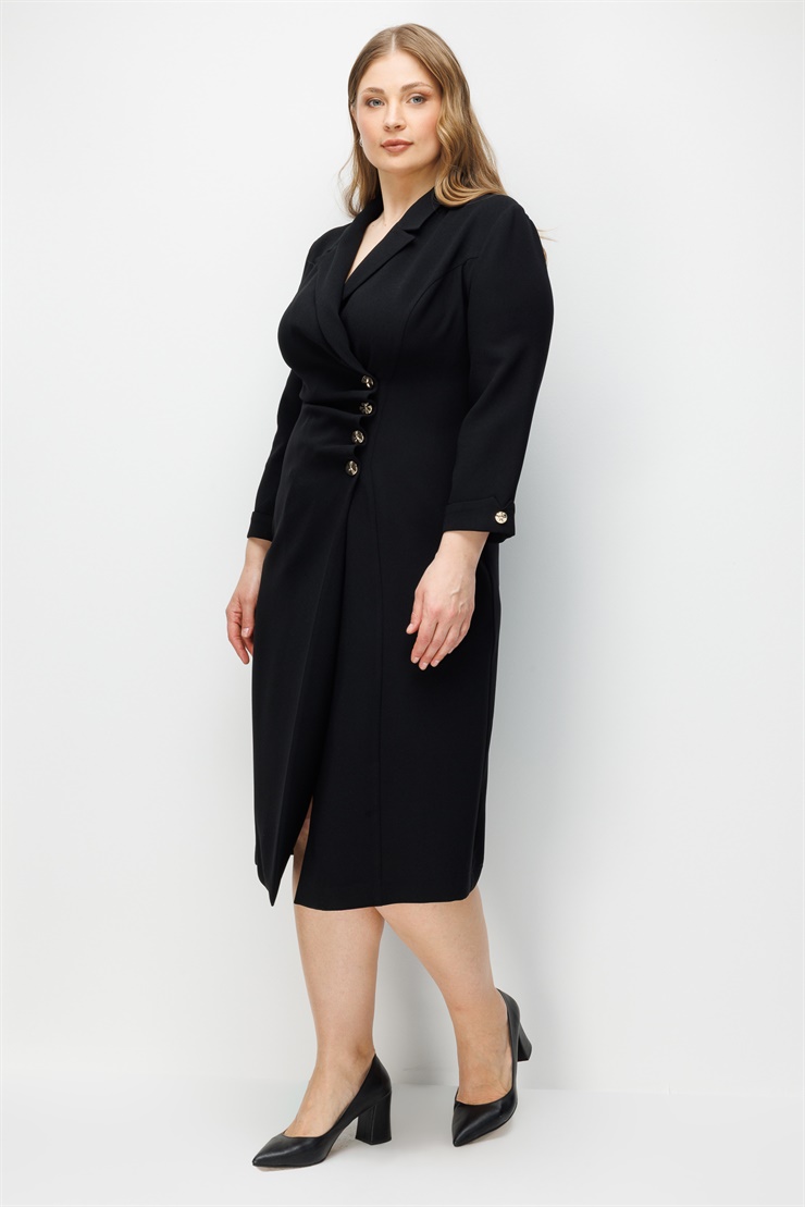 Modailgi  Kruvaze Kapama Düğme Detaylı Midi Boy Elbise Siyah