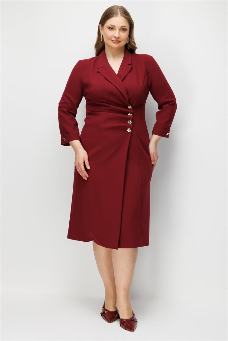 Modailgi  Kruvaze Kapama Düğme Detaylı Midi Boy Elbise Bordo
