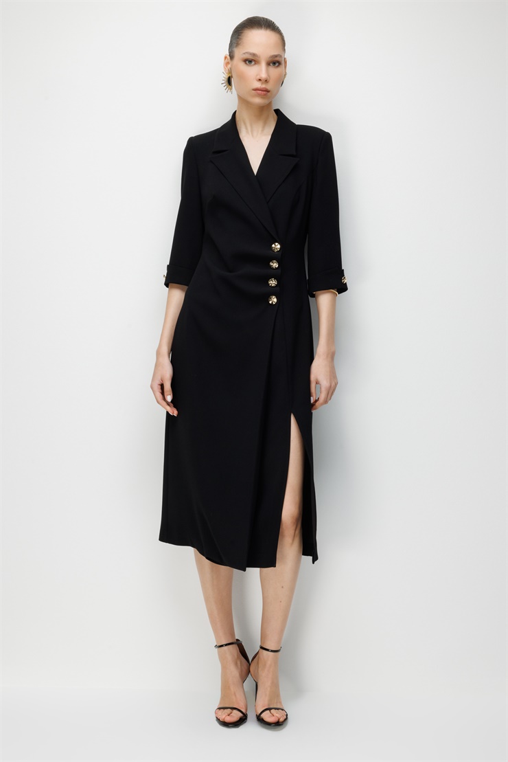 Modailgi  Kruvaze Kapama Düğme Detaylı Midi Boy Elbise Siyah