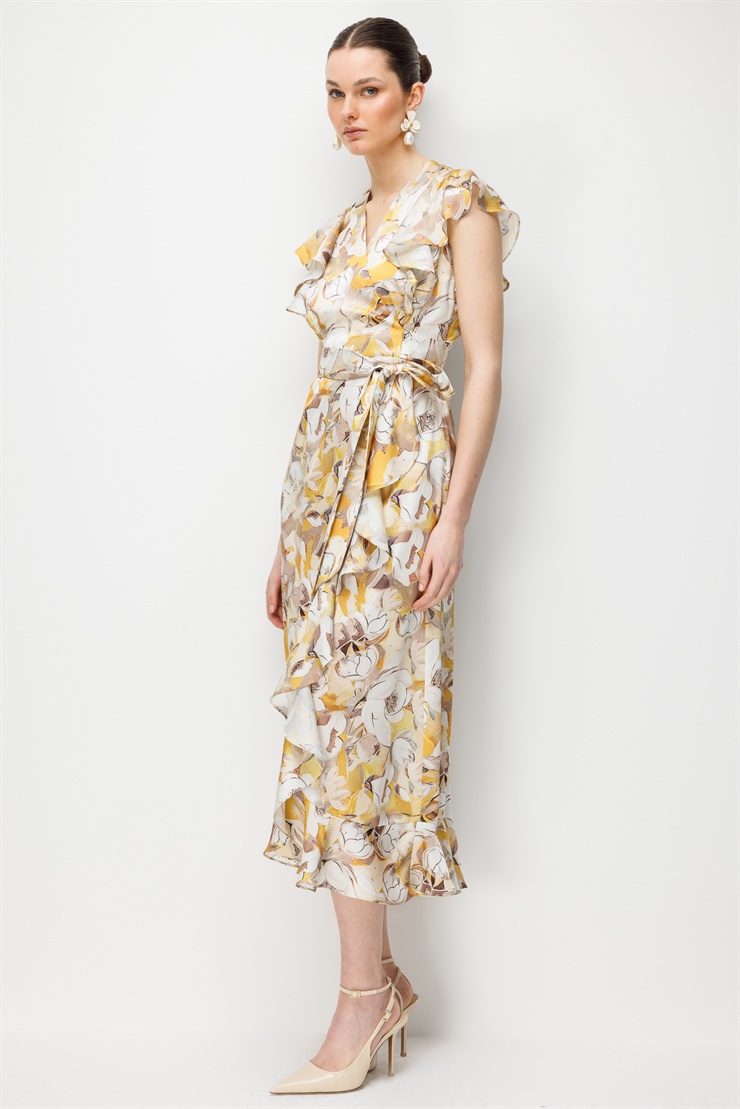 Modailgi  Kruvaze Kapama Kolları ve Eteği Volanlı Saten Elbise Sarı