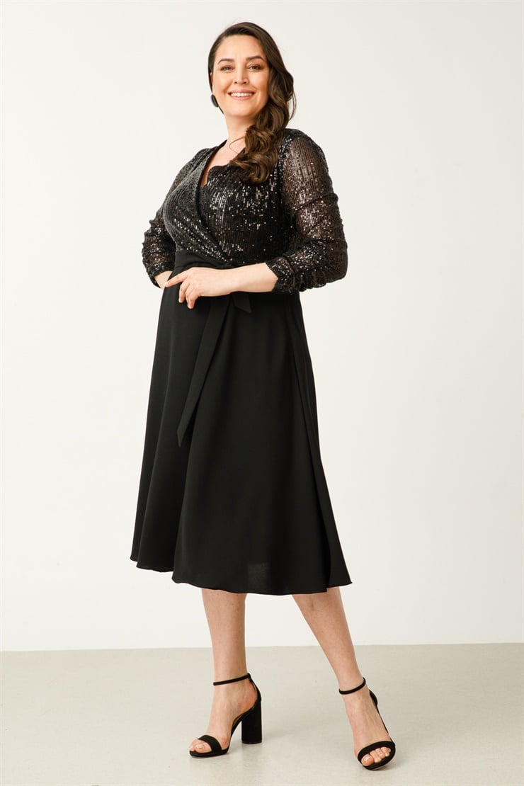 Modailgi  Kruvaze Kapama Payet Elbise Siyah