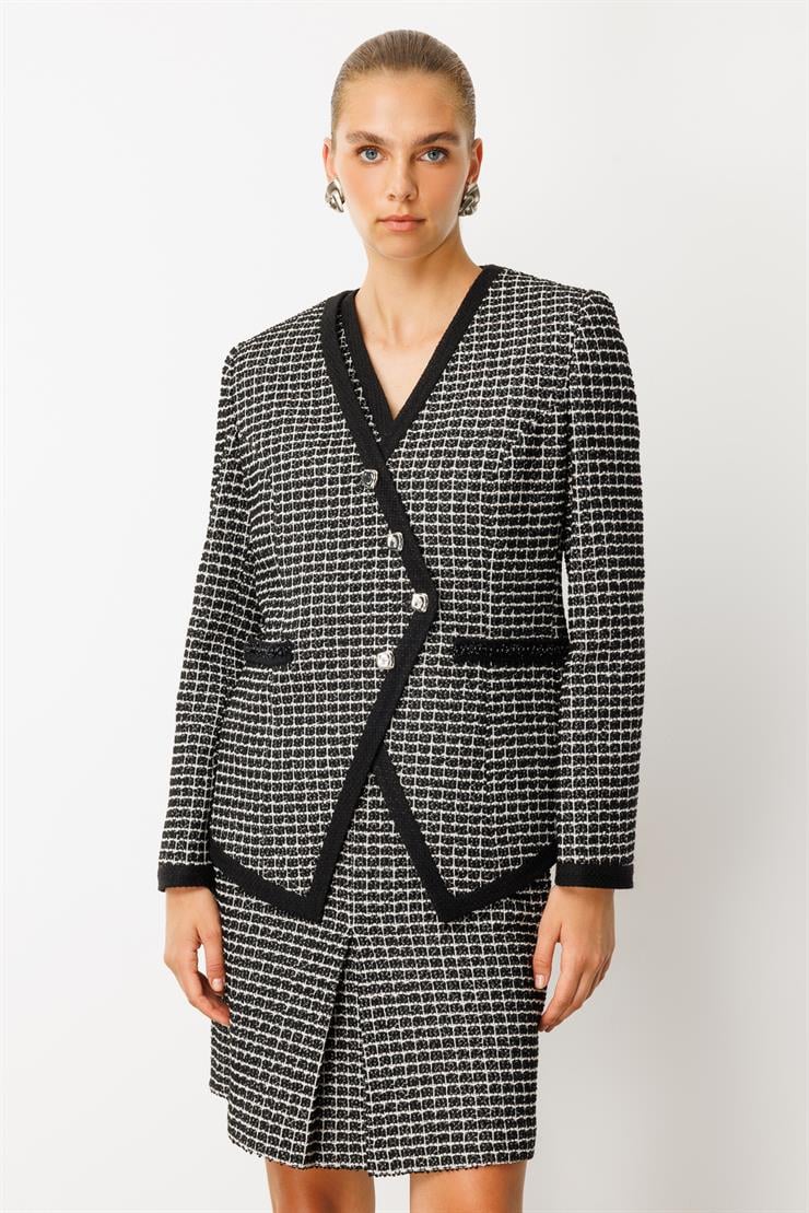 Modailgi  Kruvaze Kapama Simetrik Enküstre Detaylı Tuvit Ceket - 30019 SİYAH-BEYAZ