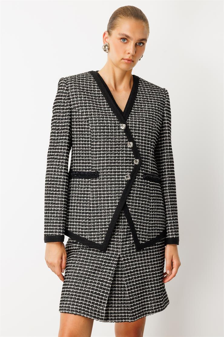 Modailgi  Kruvaze Kapama Simetrik Enküstre Detaylı Tuvit Ceket - 30019 SİYAH-BEYAZ