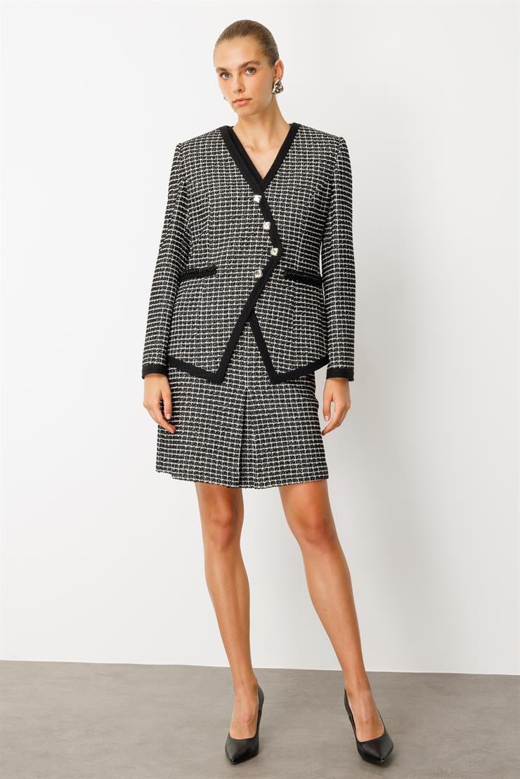 Modailgi  Kruvaze Kapama Simetrik Enküstre Detaylı Tuvit Ceket - 30019 SİYAH-BEYAZ