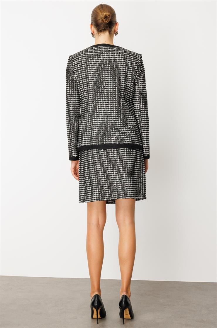 Modailgi  Kruvaze Kapama Simetrik Enküstre Detaylı Tuvit Ceket - 30019 SİYAH-BEYAZ