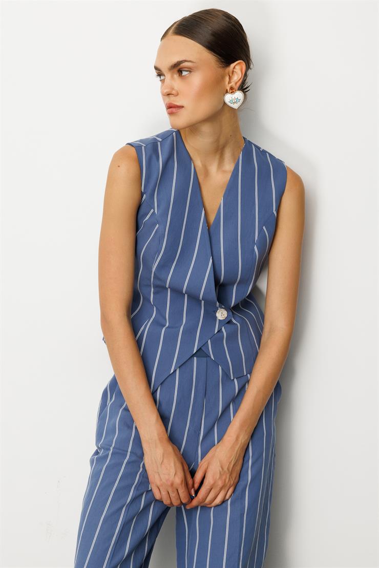 Modailgi  Kruvaze Kapamalı Bağlama Detaylı Asimetrik Kesim Yelek İndigo