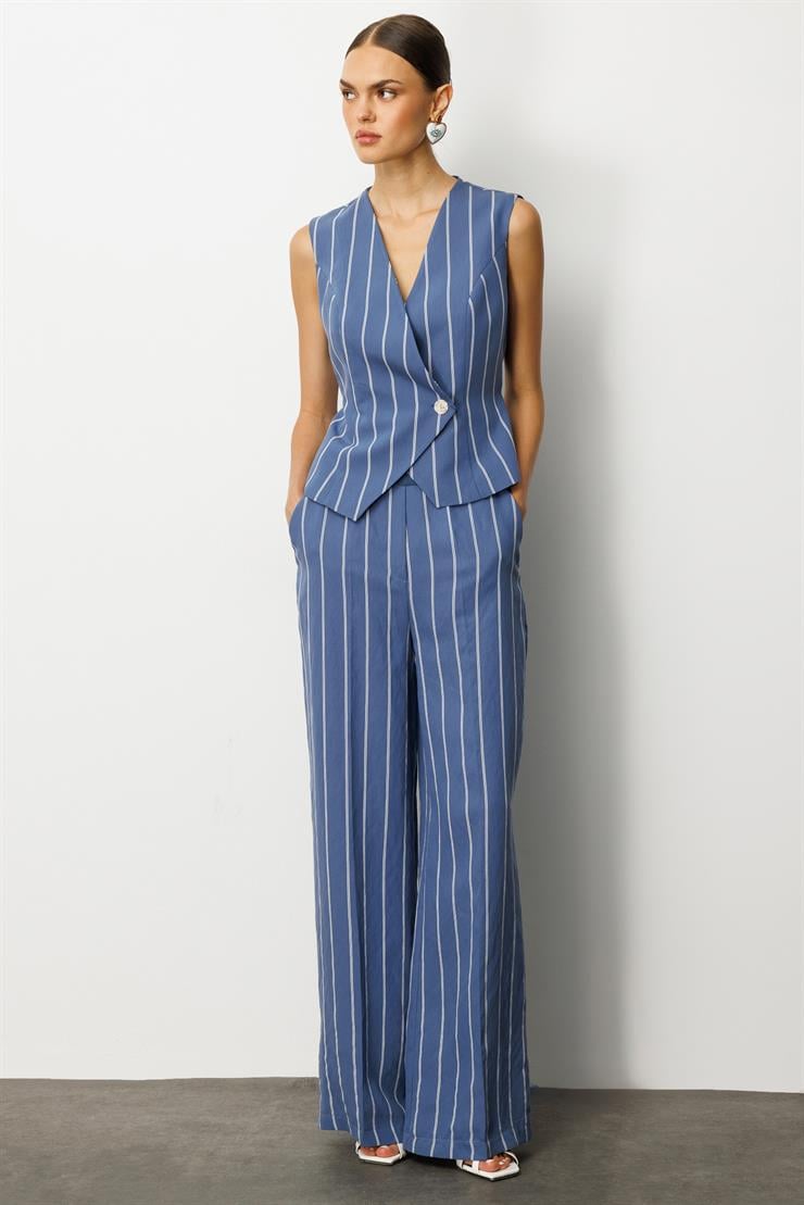 Modailgi  Kruvaze Kapamalı Bağlama Detaylı Asimetrik Kesim Yelek İndigo