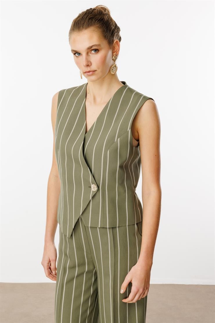 Modailgi  Kruvaze Kapamalı Bağlama Detaylı Asimetrik Kesim Yelek Haki