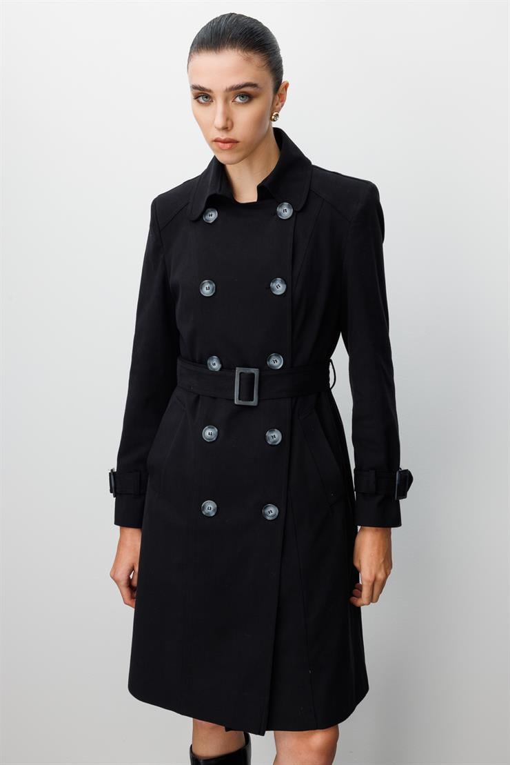 Modailgi  Kruvaze Kapamalı Beli Ve Kolları Kemer Kuşak Detaylı Spor Dikişli Astarlı Ara Boy Trençkot Siyah