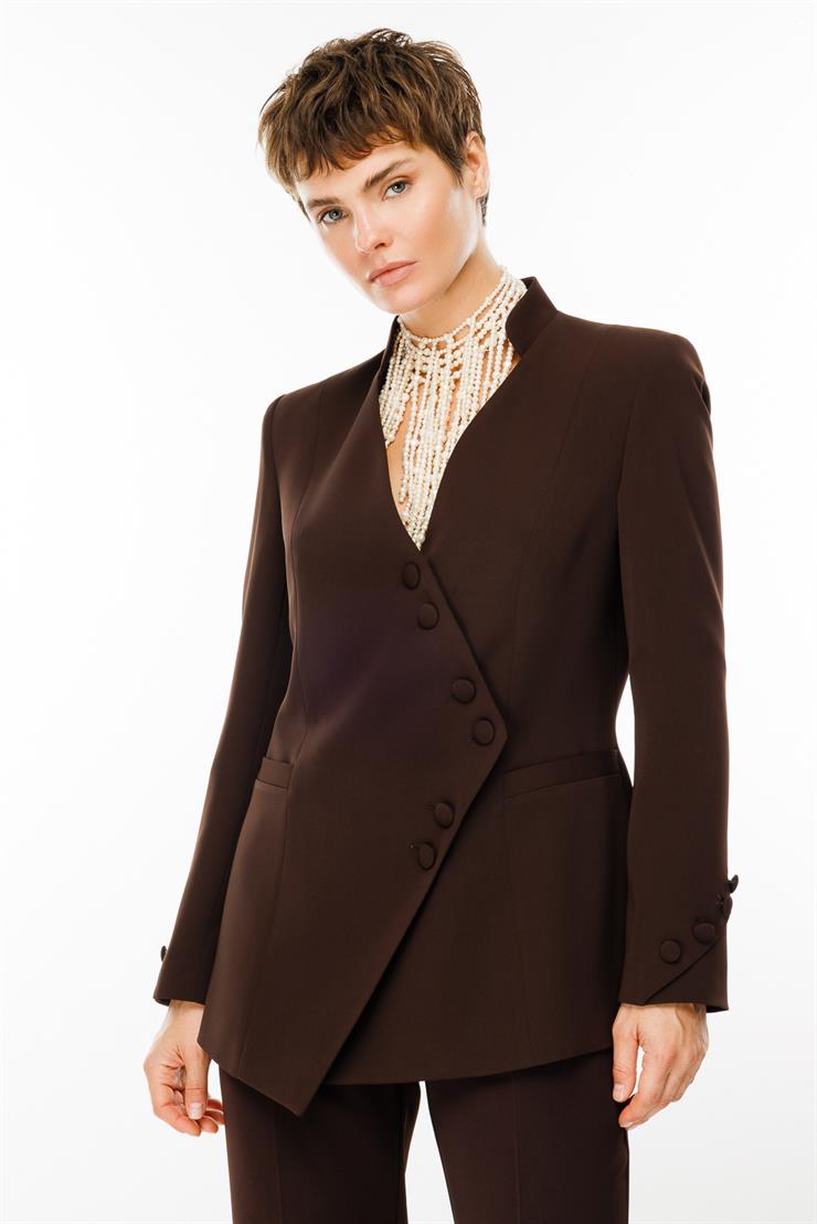 Modailgi  Kruvaze Kapamalı Dik Yakalı Kolları Düğme Detaylı Ceket Kahve
