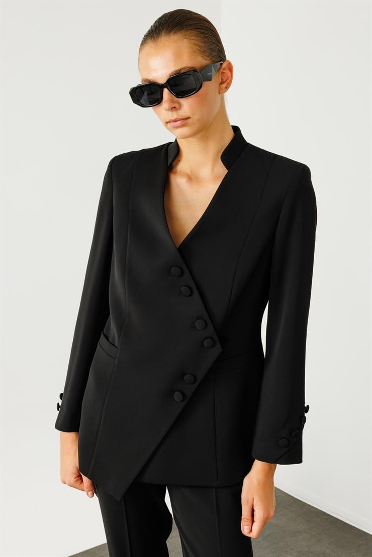 Modailgi  Kruvaze Kapamalı Dik Yakalı Kolları Düğme Detaylı Ceket Siyah
