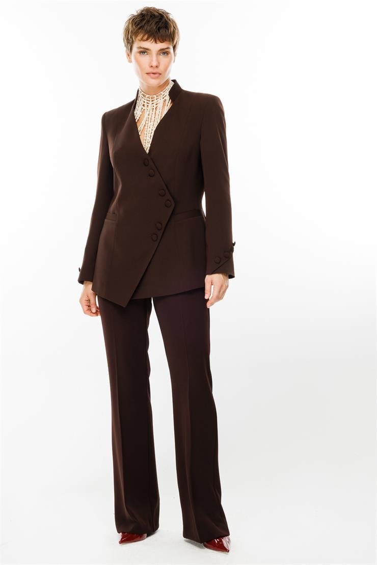 Modailgi  Kruvaze Kapamalı Dik Yakalı Kolları Düğme Detaylı Ceket Kahve