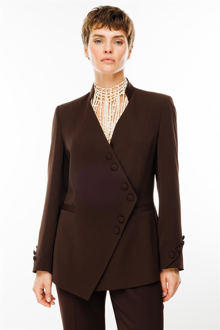 Modailgi  Kruvaze Kapamalı Dik Yakalı Kolları Düğme Detaylı Ceket Kahve