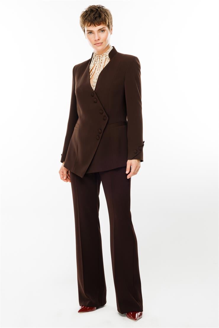 Modailgi  Kruvaze Kapamalı Dik Yakalı Kolları Düğme Detaylı Ceket Kahve