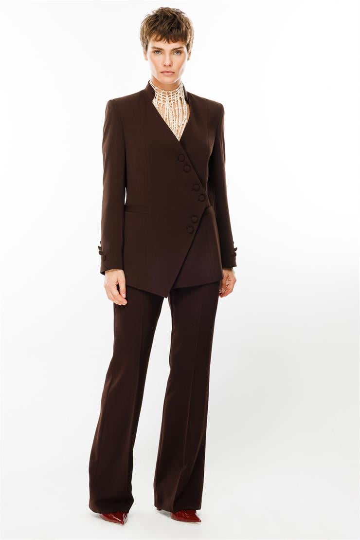 Modailgi  Kruvaze Kapamalı Dik Yakalı Kolları Düğme Detaylı Ceket Kahve