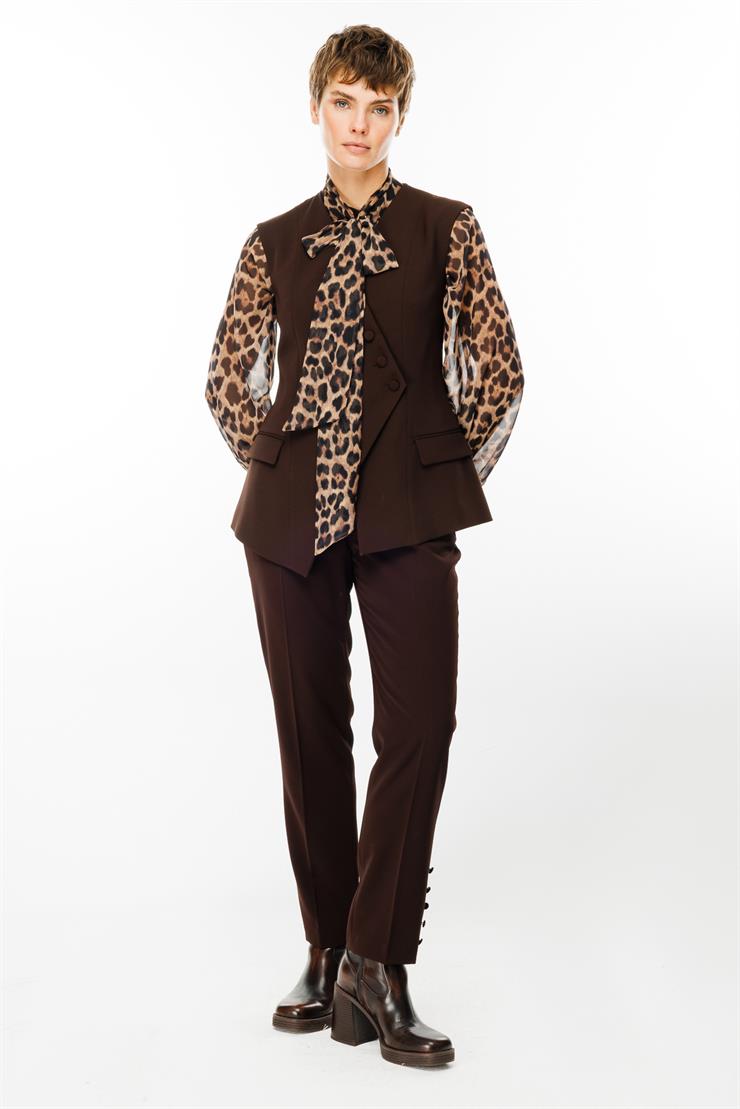 Modailgi  Kruvaze Kapamalı Düğme Detaylı Uzun Yelek - 4103 Kahve