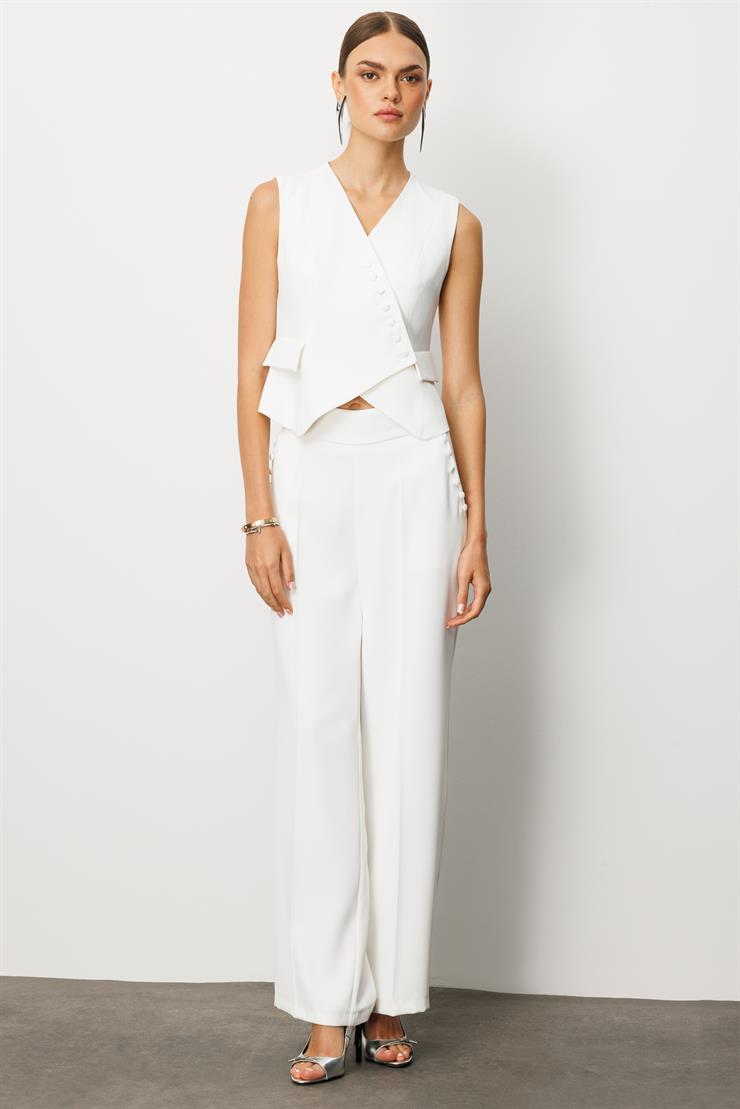 Modailgi  Kruvaze Kapamalı Düğme Detaylı Kısa Yelek - 4104 Ekru