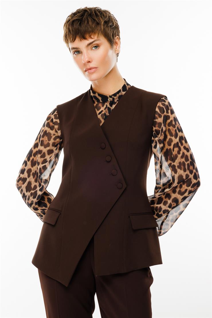 Modailgi  Kruvaze Kapamalı Düğme Detaylı Uzun Yelek - 4103 Kahve