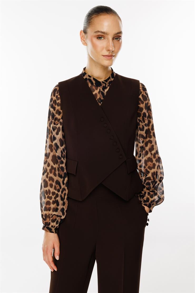 Modailgi  Kruvaze Kapamalı Düğme Detaylı Kısa Yelek - 4104 Kahve