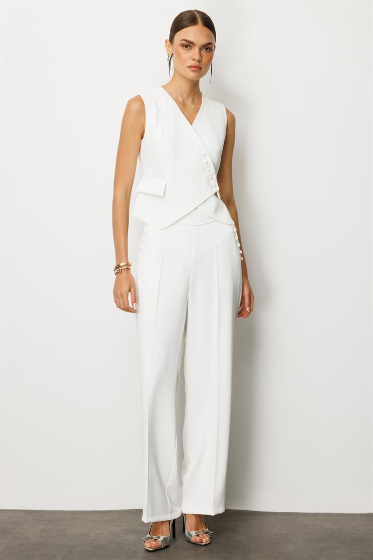 Modailgi  Kruvaze Kapamalı Düğme Detaylı Kısa Yelek - 4104 Ekru