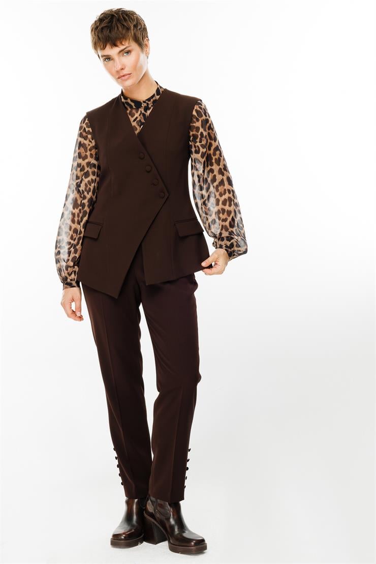 Modailgi  Kruvaze Kapamalı Düğme Detaylı Uzun Yelek - 4103 Kahve