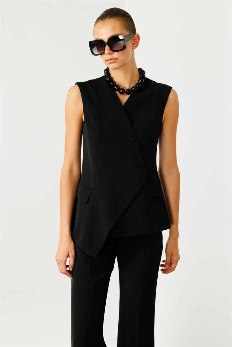 Modailgi  Kruvaze Kapamalı Düğme Detaylı Uzun Yelek - 4103 Siyah