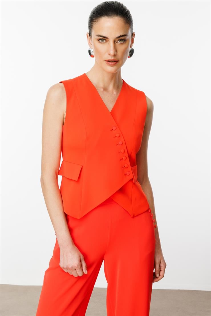 Modailgi  Kruvaze Kapamalı Düğme Detaylı Kısa Yelek - 4104 Mercan