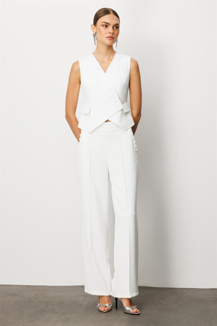 Modailgi  Kruvaze Kapamalı Düğme Detaylı Kısa Yelek - 4104 Ekru